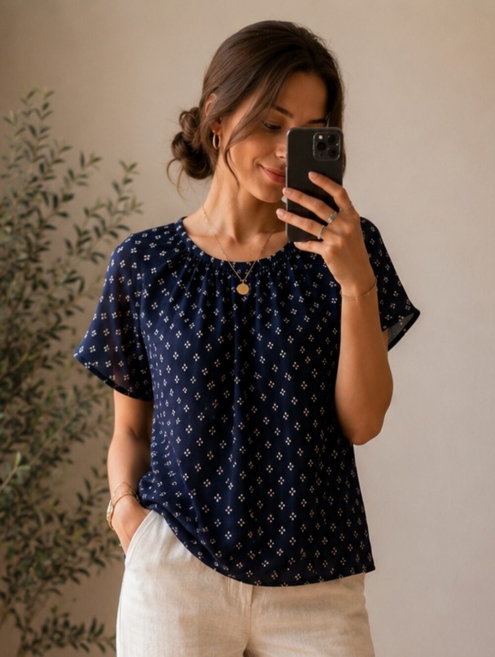 CHAPS Navy Blue Printed Blouse Size M | Lightweight Short Sleeve Boho Top